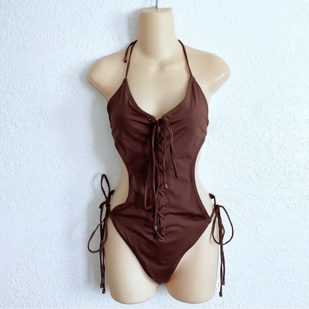 Skims Swim XL Brown Lace-Up One-Piece Monokini Swimsuit Brown Cocoa